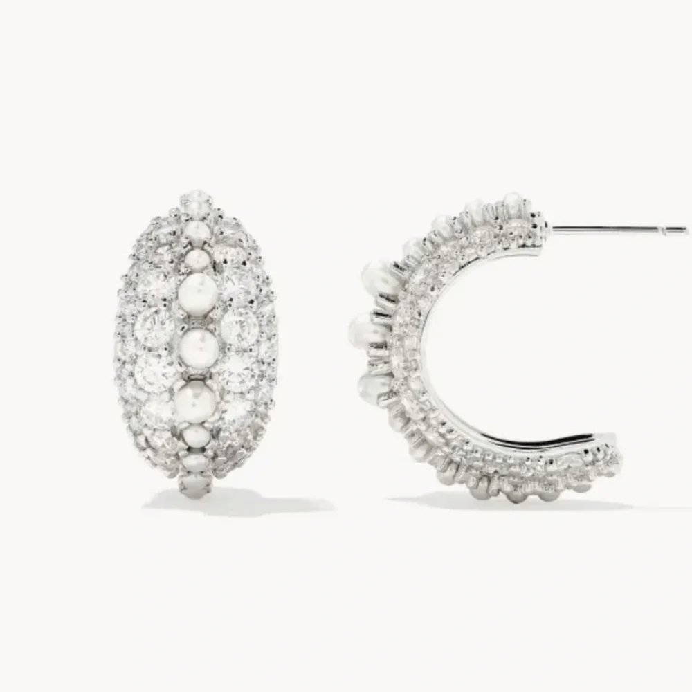 NWT Kendra Scott Krista Silver Hoop Earrings in White Mix with Pearls - Picture 2 of 9